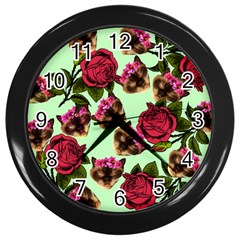 Lazy Cat Floral Pattern Green Wall Clock (black) by snowwhitegirl