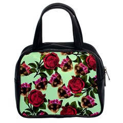 Lazy Cat Floral Pattern Green Classic Handbag (two Sides) by snowwhitegirl