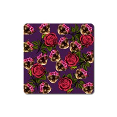 Lazy Cat Floral Pattern Purple Square Magnet by snowwhitegirl