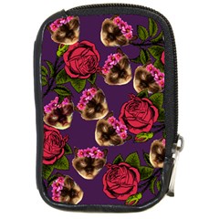 Lazy Cat Floral Pattern Purple Compact Camera Leather Case