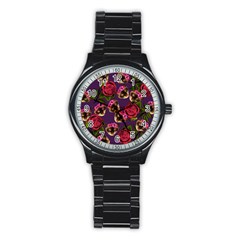 Lazy Cat Floral Pattern Purple Stainless Steel Round Watch