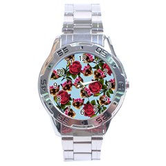 Lazy Cat Floral Pattern Blue Stainless Steel Analogue Watch