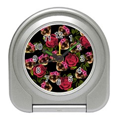 Lazy Cat Floral Pattern Black Travel Alarm Clock by snowwhitegirl