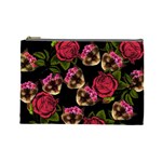 Lazy Cat Floral Pattern Black Cosmetic Bag (Large) Front