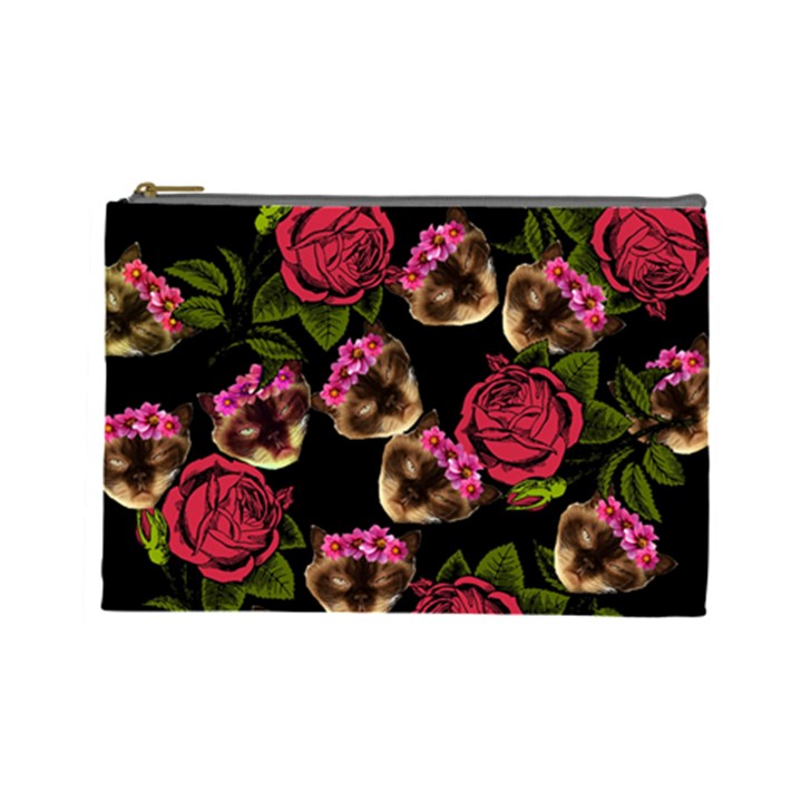 Lazy Cat Floral Pattern Black Cosmetic Bag (Large)