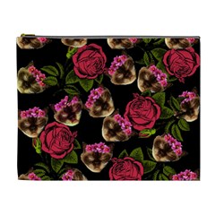 Lazy Cat Floral Pattern Black Cosmetic Bag (xl) by snowwhitegirl