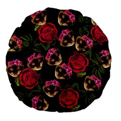 Lazy Cat Floral Pattern Black Large 18  Premium Flano Round Cushions