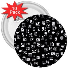 White On Black Abstract Symbols 3  Buttons (10 Pack)  by FunnyCow