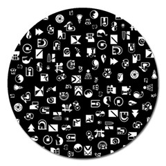 White On Black Abstract Symbols Magnet 5  (round) by FunnyCow
