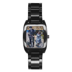 Couple On Bicycle Stainless Steel Barrel Watch