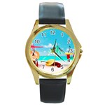 Red Chili Peppers On The Beach Round Gold Metal Watch Front