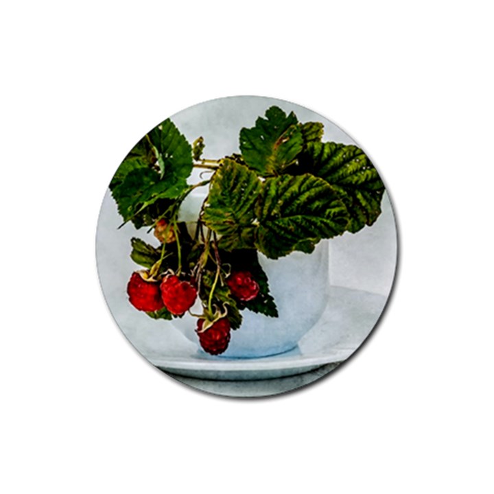 Red Raspberries In A Teacup Rubber Round Coaster (4 pack) 