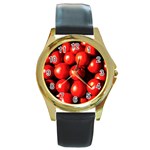 Pile Of Red Tomatoes Round Gold Metal Watch Front