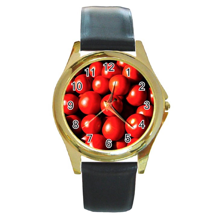 Pile Of Red Tomatoes Round Gold Metal Watch