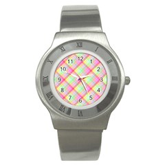 Pastel Rainbow Tablecloth Diagonal Check Stainless Steel Watch by PodArtist
