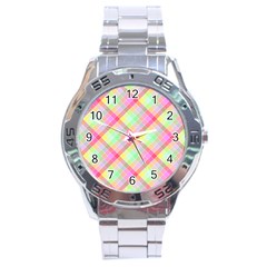 Pastel Rainbow Tablecloth Diagonal Check Stainless Steel Analogue Watch by PodArtist