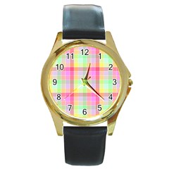 Pastel Rainbow Sorbet Ice Cream Check Plaid Round Gold Metal Watch