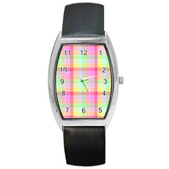 Pastel Rainbow Sorbet Ice Cream Check Plaid Barrel Style Metal Watch