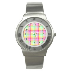 Pastel Rainbow Sorbet Ice Cream Check Plaid Stainless Steel Watch by PodArtist