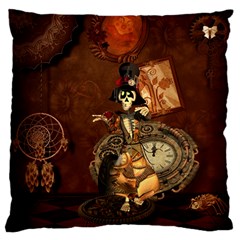 Funny Steampunk Skeleton, Clocks And Gears Large Cushion Case (one Side) by FantasyWorld7