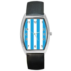 Oktoberfest Bavarian Blue And White Large Cabana Stripes Barrel Style Metal Watch by PodArtist