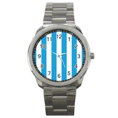 Oktoberfest Bavarian Blue And White Large Cabana Stripes Sport Metal Watch by PodArtist