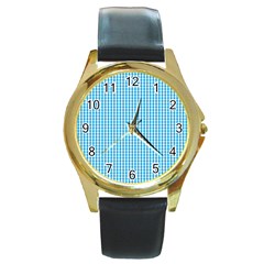 Oktoberfest Bavarian Blue And White Gingham Check Round Gold Metal Watch by PodArtist