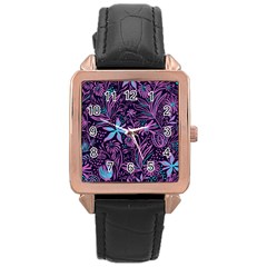 Stamping Pattern Leaves Drawing Rose Gold Leather Watch 