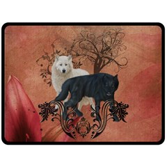 Awesome Black And White Wolf Fleece Blanket (large)  by FantasyWorld7