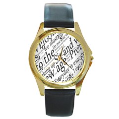 Abstract Minimalistic Text Typography Grayscale Focused Into Newspaper Round Gold Metal Watch