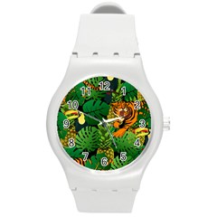 Tropical Pelican Tiger Jungle Black Round Plastic Sport Watch (m) by snowwhitegirl