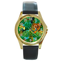 Tropical Pelican Tiger Jungle Blue Round Gold Metal Watch