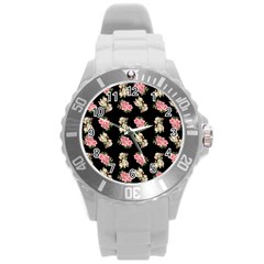 Retro Dog Floral Pattern Round Plastic Sport Watch (l) by snowwhitegirl