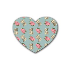 Retro Dog Floral Pattern Blue Rubber Coaster (heart) 