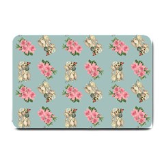 Retro Dog Floral Pattern Blue Small Doormat  by snowwhitegirl