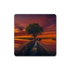 Wonderful Fantasy Sunset Wallpaper Tree Square Magnet