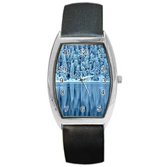 Snowy Forest Reflection Lake Barrel Style Metal Watch