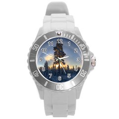 Winter Sunset Pine Tree Round Plastic Sport Watch (l)