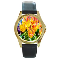 Festival Of Tulip Flowers Round Gold Metal Watch by FunnyCow