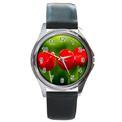 Three Red Tulips, Green Background Round Metal Watch by FunnyCow