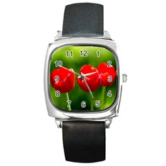 Three Red Tulips, Green Background Square Metal Watch by FunnyCow