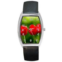 Three Red Tulips, Green Background Barrel Style Metal Watch by FunnyCow