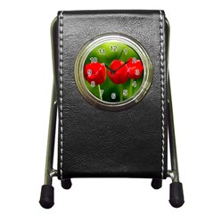 Three Red Tulips, Green Background Pen Holder Desk Clock