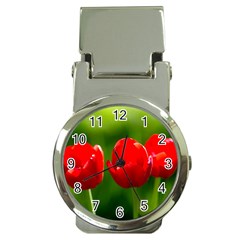 Three Red Tulips, Green Background Money Clip Watches by FunnyCow