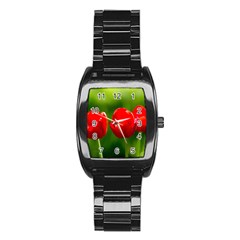 Three Red Tulips, Green Background Stainless Steel Barrel Watch by FunnyCow