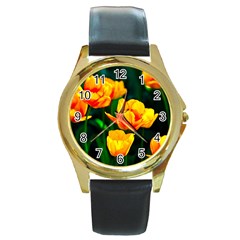 Yellow Orange Tulip Flowers Round Gold Metal Watch by FunnyCow