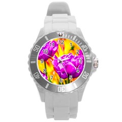 Violet Tulip Flowers Round Plastic Sport Watch (l) by FunnyCow