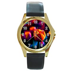 Red Tulips Round Gold Metal Watch by FunnyCow