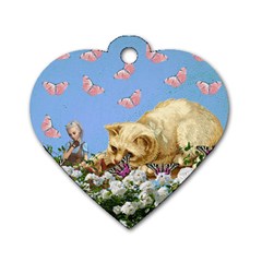 Cat And Butterflies Dog Tag Heart (two Sides) by snowwhitegirl