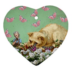 Cat And Butterflies Green Heart Ornament (two Sides)